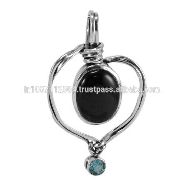 Onyx negro y Topacio azul piedras preciosas con 925 Sterling Silver Wire Twiest Joyería pendiente